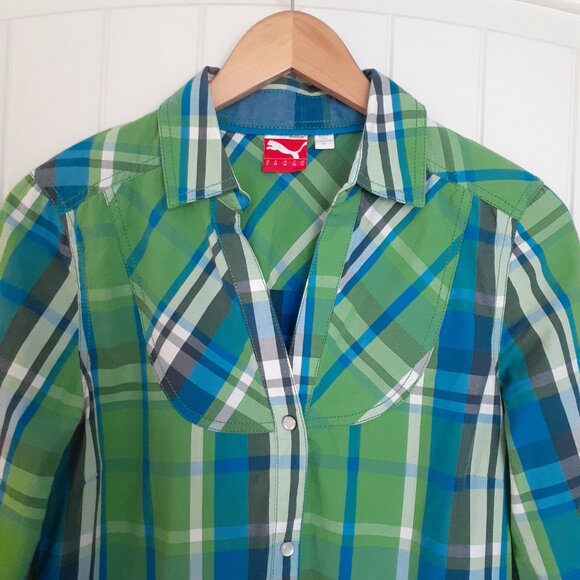 Puma Plaid Shirt Dress w/Roll Tab Sleeves Green Size S - Picture 4 of 14